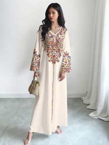SHEIN Najma 大码女式彩色藤蔓图案数码印花V领长袖优雅阿拉伯风长连衣裙，春秋季 - 彩色 - 查看 3