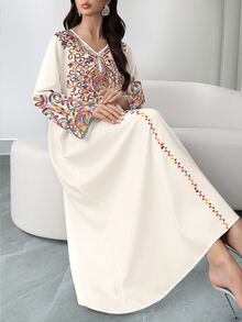 SHEIN Najma 大码女式彩色藤蔓图案数码印花V领长袖优雅阿拉伯风长连衣裙，春秋季 - 彩色 - 查看 4