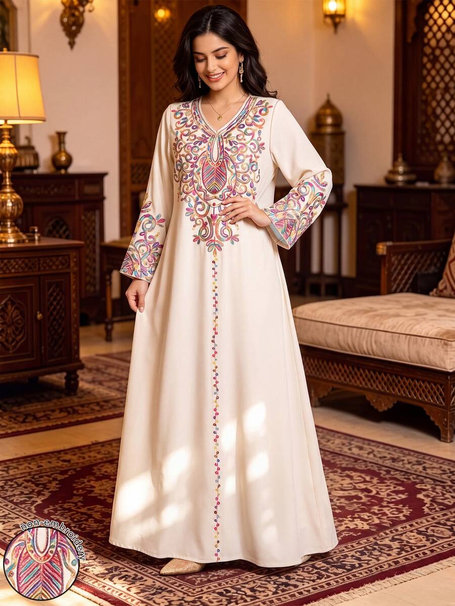 SHEIN Najma 大码女式彩色藤蔓图案数码印花V领长袖优雅阿拉伯风长连衣裙,春秋季 - 彩色 - 查看 1
