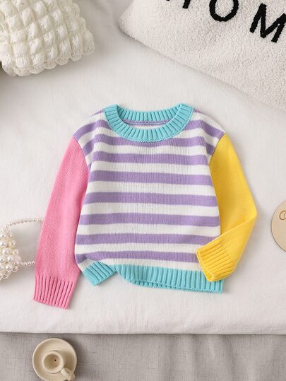 SHEIN Vintaside Kids Cute Baby Girls Sweater,Colorblock Pastel Colors Rainbow Knitwear For Autumn,Soft Colour Palette,Family Matching Autumn Winter