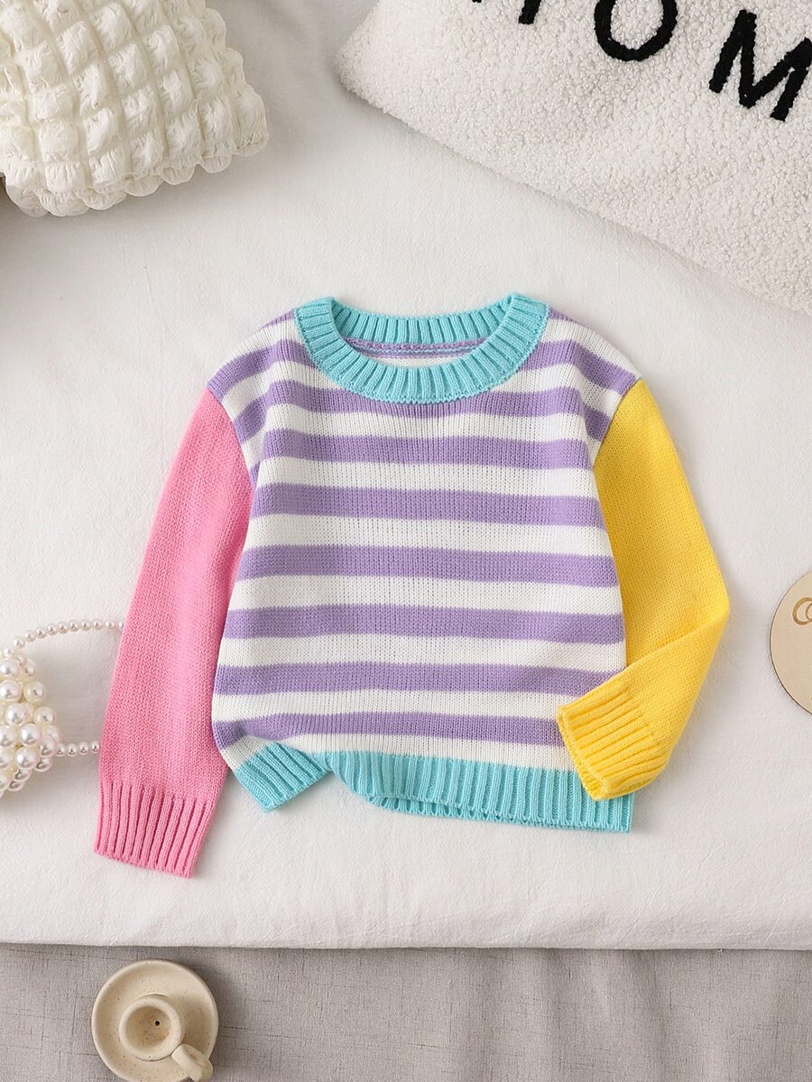 SHEIN Vintaside Baby Girl Cute Baby Girls Sweater,Colorblock Pastel Colors Rainbow Knitwear For Autumn,Soft Colour Palette,Family Matching Autumn Winter Pullover