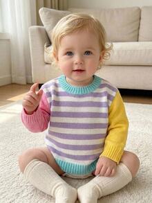 SHEIN Vintaside Baby Girl Cute Baby Girls Sweater,Colorblock Pastel Colors Rainbow Knitwear For Autumn,Soft Colour Palette,Family Matching Autumn Winter Pullover - Multicolor - View 9