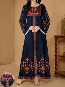 SHEIN Najma 女款花卉植物印花優雅圓領長袖阿拉伯風連身裙，端莊傳統度假夏季正式晚禮服 - 彩色 - 查看 3