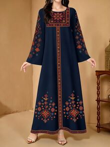 SHEIN Najma 女款花卉植物印花優雅圓領長袖阿拉伯風連身裙，端莊傳統度假夏季正式晚禮服 - 彩色 - 查看 4