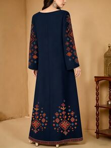 SHEIN Najma 女款花卉植物印花優雅圓領長袖阿拉伯風連身裙，端莊傳統度假夏季正式晚禮服 - 彩色 - 查看 2