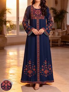 SHEIN Najma 女款花卉植物印花優雅圓領長袖阿拉伯風連身裙，端莊傳統度假夏季正式晚禮服 - 彩色 - 查看 1