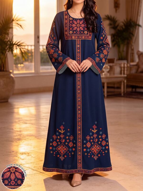SHEIN Najma 女款花卉植物印花優雅圓領長袖阿拉伯風連身裙，端莊傳統度假夏季正式晚禮服