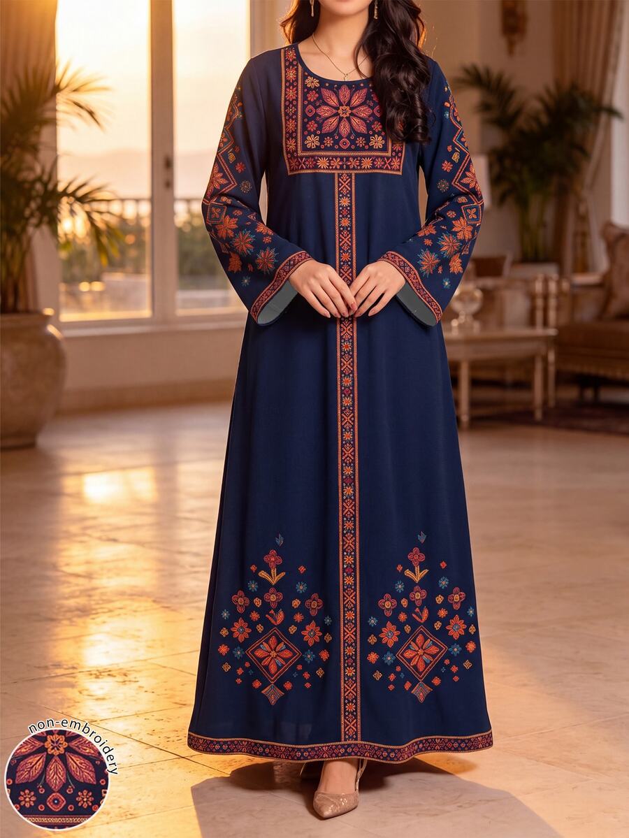 SHEIN Najma 女款花卉植物印花優雅圓領長袖阿拉伯風連身裙,端莊傳統度假夏季正式晚禮服 - 彩色 - 查看 1