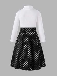 SHEIN 女童純色立領長袖T恤搭配波點裙休閒日常套裝 - 黑色 - 查看 2