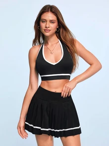 SHEIN Sovereign Charm Women's Colorblock Casual Daily Sports Bra - Black - View 3