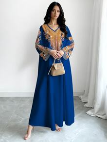 SHEIN Najma 女款波點印花V領短袖優雅端莊中東風洋裝，春夏婚禮適用 - 彩色 - 查看 5