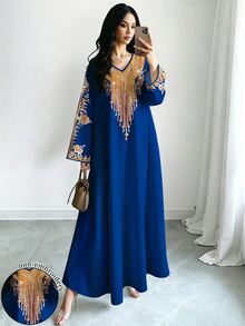 SHEIN Najma 女款波點印花V領短袖優雅端莊中東風洋裝，春夏婚禮適用 - 彩色 - 查看 3