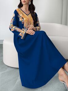 SHEIN Najma 女款波點印花V領短袖優雅端莊中東風洋裝，春夏婚禮適用 - 彩色 - 查看 4
