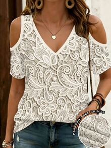 EMERY ROSE Lace Pattern Print V-Neck Off-Shoulder Short Sleeve T-Shirt - Multicolor - View 1