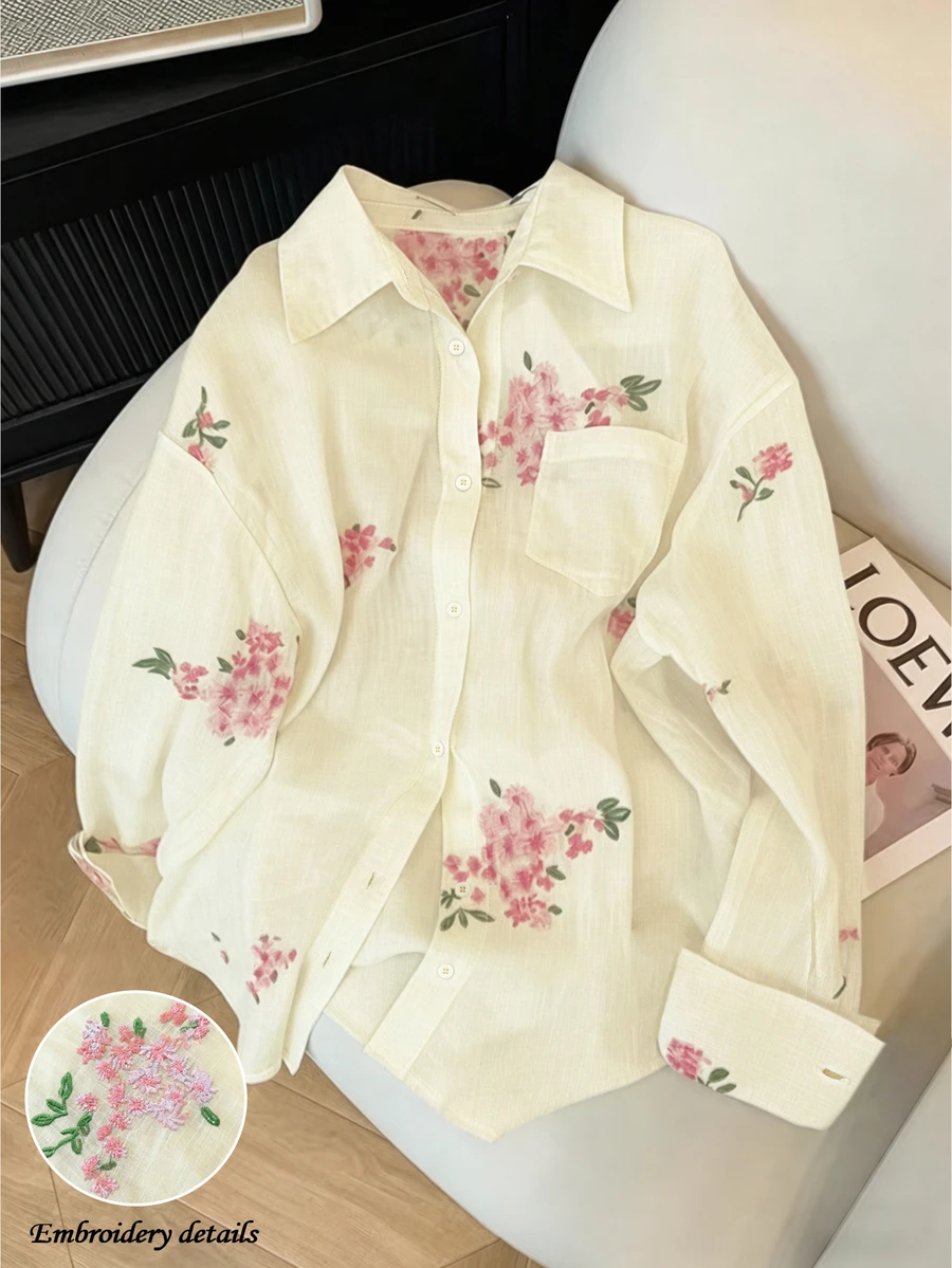 Franclia 女士时尚休闲简约浪漫度假刺绣花卉长袖纽扣衬衫 - 杏色 - 查看 1
