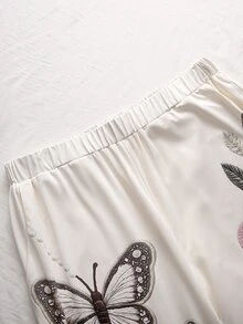 Franclia Pantalones de pierna ancha de punto vintage lindos kawaii con estampado de mariposa y flores para mujer talla grande, cintura elástica, casual, pierna recta, largos, blancos, para otoño, vacaciones y oficina - Albaricoque - Ver 7
