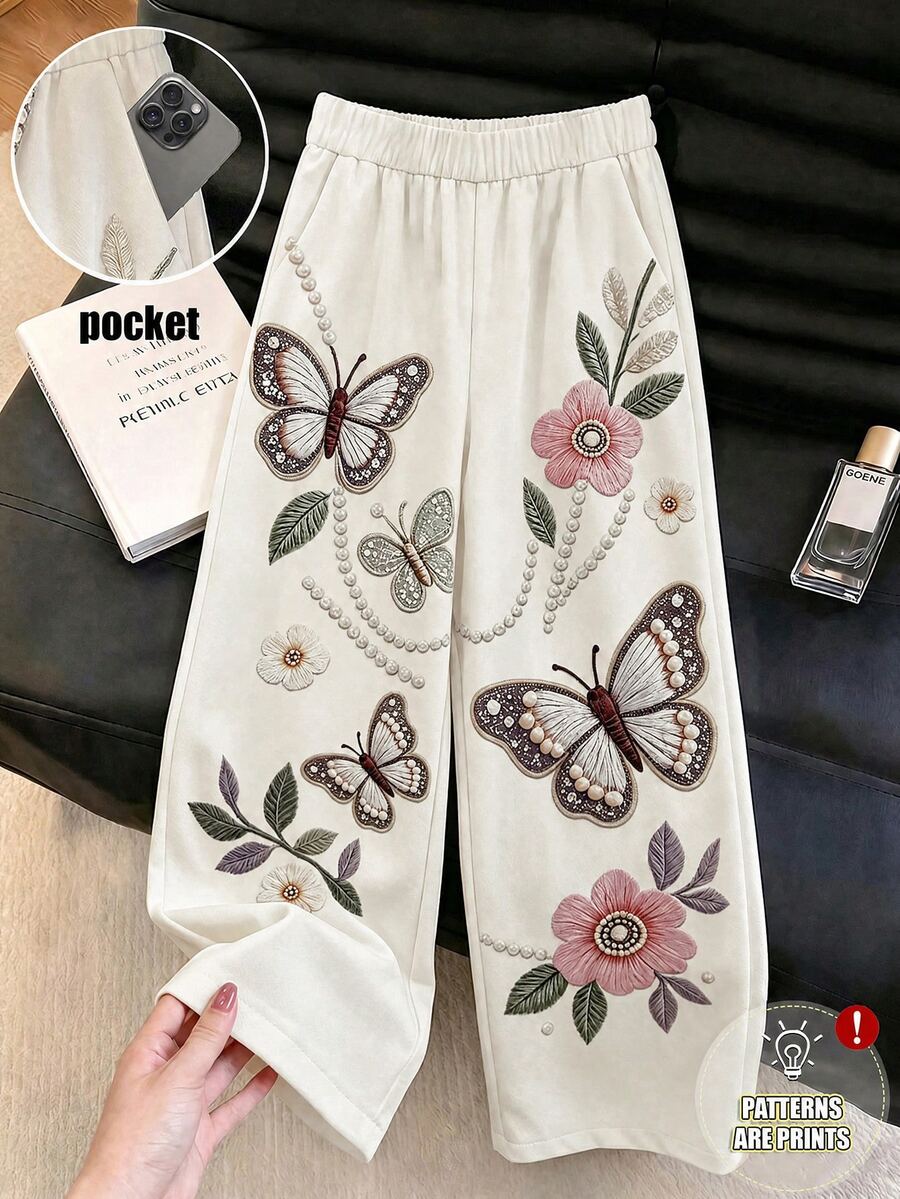 Franclia Pantalones de pierna ancha de punto vintage lindos kawaii con estampado de mariposa y flores para mujer talla grande, cintura elástica, casual, pierna recta, largos, blancos, para otoño, vacaciones y oficina - Albaricoque - Ver 1