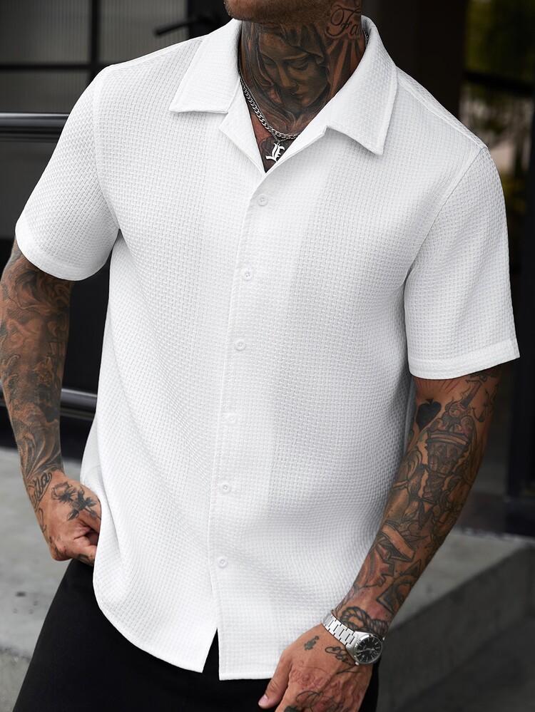 Manfinity CasualCool Men's Solid Color Casual Versatile Daily Short Sleeve Shirt - White - View 5