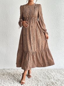 SHEIN Vestido de maternidad de manga larga con estampado dálmata, puño con nudo y bajo con volante para lactancia - Multicolor - Ver 7
