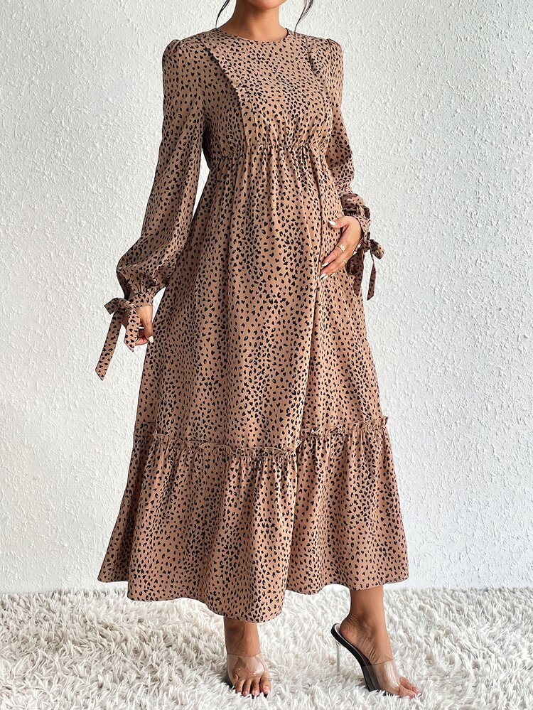 SHEIN Maternity Dalmatian Print Knot Cuff Ruffle Hem Nursing Long Sleeve Dress Fall - Multicolor - View 6