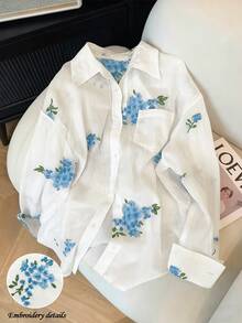 Franclia Women's Fashion Casual Minimalist Romantic Vacation Embroidered Floral Long Sleeve Button-Up Shirt Fall - Blue and White - View 1