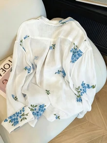 Franclia Women's Fashion Casual Minimalist Romantic Vacation Embroidered Floral Long Sleeve Button-Up Shirt Fall - Blue and White - View 2