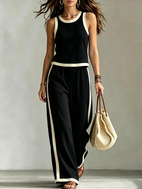 Franclia 2pcs Women Elegant Solid Color Round Neck Contrast Color Tank Top And Wide Leg Pants Set, Suitable For Vacation And Casual Daily Wear
