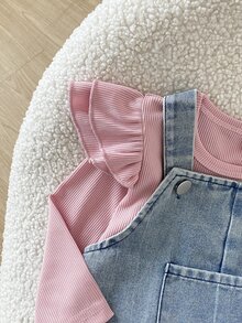 SHEIN Playful Pals 嬰兒男童女童中性 0-3 歲 春/秋 紫色甜美風花卉刺繡牛仔長褲，圓領長袖套頭上衣搭配牛仔吊帶褲套裝，適合外出、購物與休閒穿著 - 粉色 - 查看 6