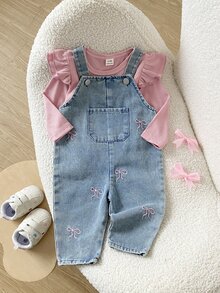 SHEIN Playful Pals 嬰兒男童女童中性 0-3 歲 春/秋 紫色甜美風花卉刺繡牛仔長褲，圓領長袖套頭上衣搭配牛仔吊帶褲套裝，適合外出、購物與休閒穿著 - 粉色 - 查看 4