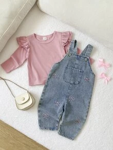 SHEIN Playful Pals 嬰兒男童女童中性 0-3 歲 春/秋 紫色甜美風花卉刺繡牛仔長褲，圓領長袖套頭上衣搭配牛仔吊帶褲套裝，適合外出、購物與休閒穿著 - 粉色 - 查看 5