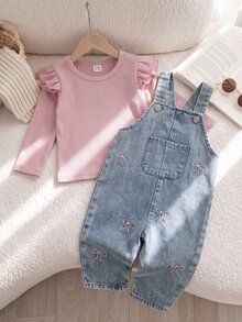 SHEIN Playful Pals 嬰兒男童女童中性 0-3 歲 春/秋 紫色甜美風花卉刺繡牛仔長褲，圓領長袖套頭上衣搭配牛仔吊帶褲套裝，適合外出、購物與休閒穿著 - 粉色 - 查看 8