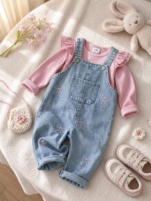 SHEIN Playful Pals 嬰兒男童女童中性 0-3 歲 春/秋 紫色甜美風花卉刺繡牛仔長褲，圓領長袖套頭上衣搭配牛仔吊帶褲套裝，適合外出、購物與休閒穿著 - 粉色 - 查看 1