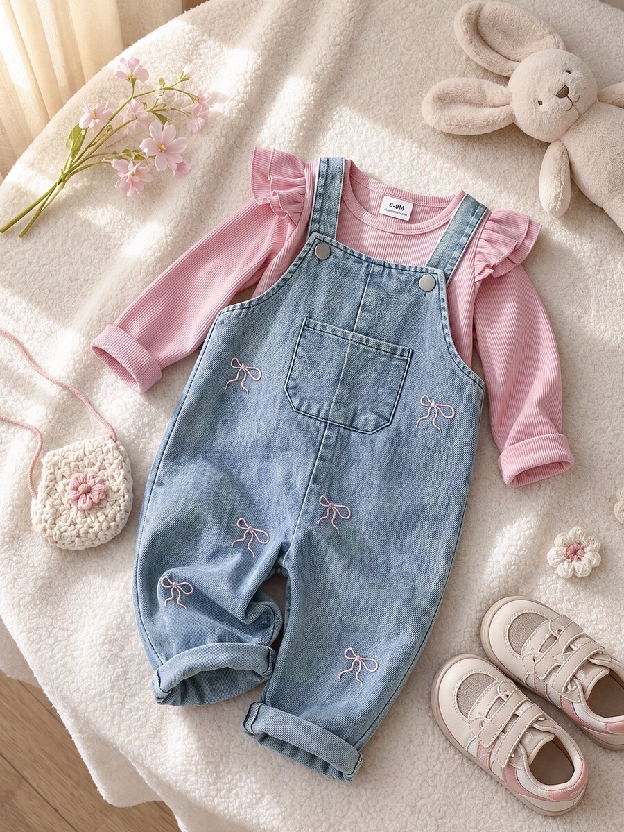 SHEIN Playful Pals 嬰兒男童女童中性 0-3 歲 春/秋 紫色甜美風花卉刺繡牛仔長褲,圓領長袖套頭上衣搭配牛仔吊帶褲套裝,適合外出、購物與休閒穿著 - 粉色 - 查看 1