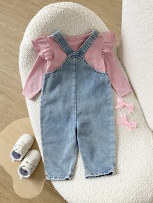 SHEIN Playful Pals 嬰兒男童女童中性 0-3 歲 春/秋 紫色甜美風花卉刺繡牛仔長褲，圓領長袖套頭上衣搭配牛仔吊帶褲套裝，適合外出、購物與休閒穿著 - 粉色 - 查看 2