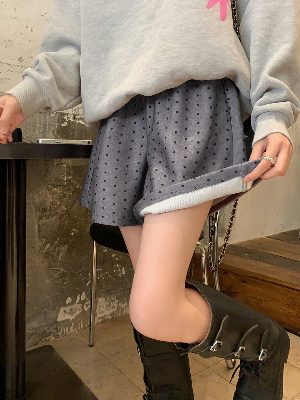 Women's Loose Gray-Purple Polka Dot Print Draped Fabric Elastic Waist Wide Leg Casual Shorts