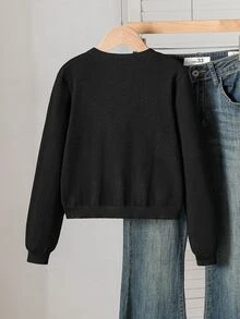 SHEIN 青少年女孩黑色長袖開襟針織衫，附蝴蝶結裝飾，適合外穿，手工鑲鑽蝴蝶結，百搭休閒度假風 - 黃色 - 查看 2