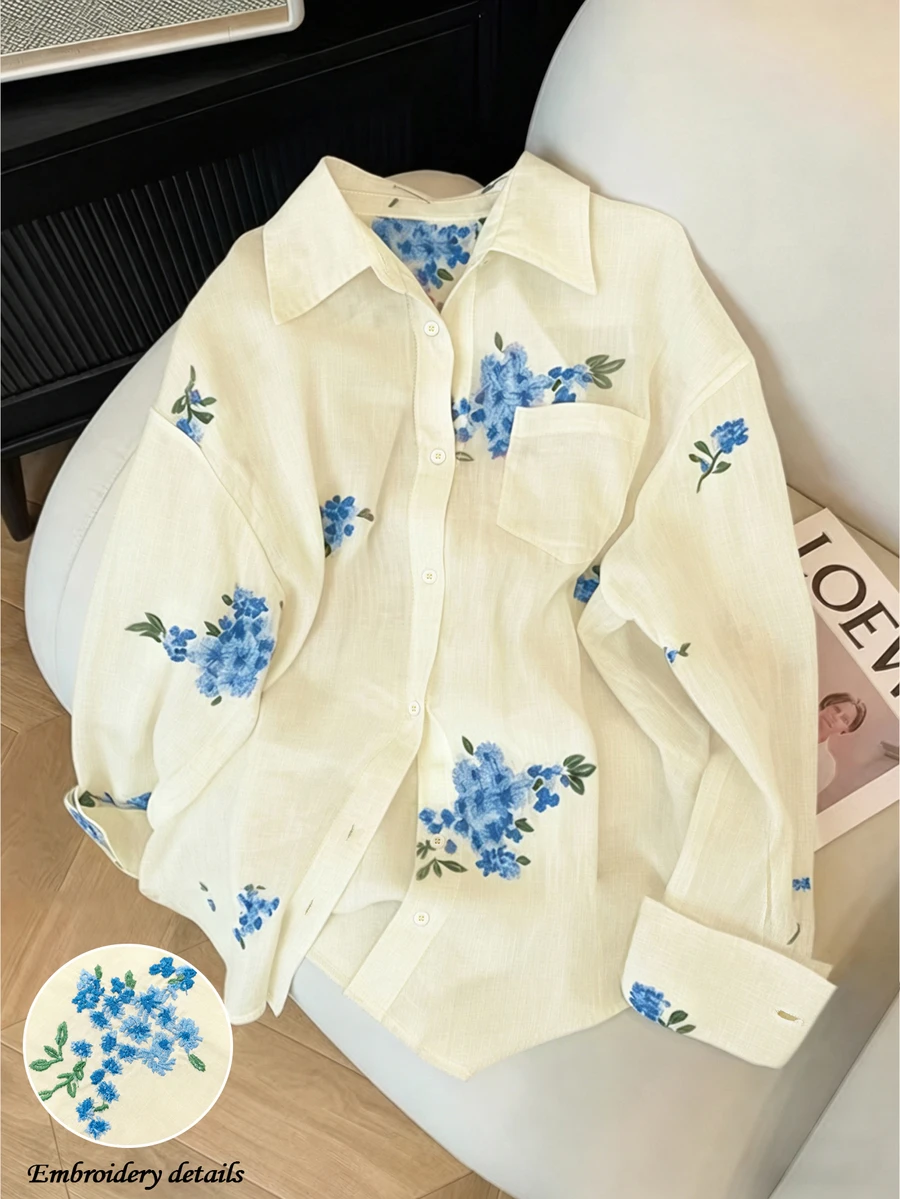 INAWLY 女款時尚休閒優雅極簡浪漫度假風刺繡花卉長袖鈕扣襯衫,米色,適合早午餐、茶會、秋季 - 藍色 - 查看 1