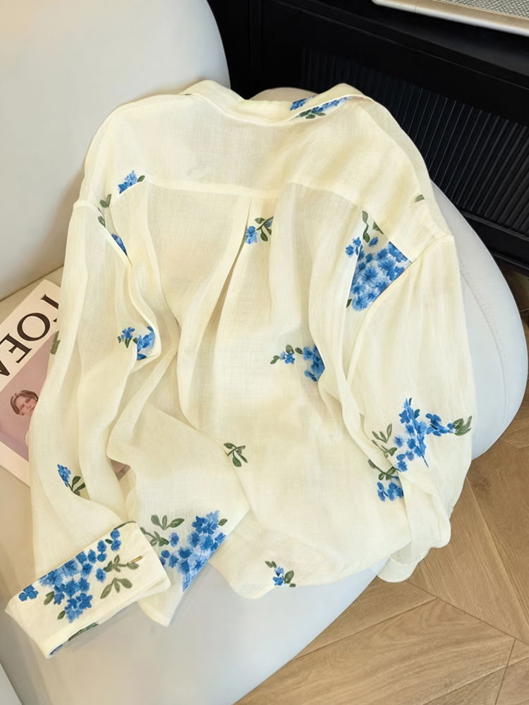 INAWLY Women's Fashion Casual Elegant Minimalist Romantic Vacation Embroidered Floral Long Sleeve Button-Up Shirt Brunch Tea Party Beige Autumn - Blue - View 2