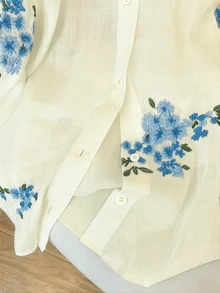 INAWLY 女款時尚休閒優雅極簡浪漫度假風刺繡花卉長袖鈕扣襯衫，米色，適合早午餐、茶會、秋季 - 藍色 - 查看 4