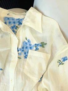 INAWLY 女款時尚休閒優雅極簡浪漫度假風刺繡花卉長袖鈕扣襯衫，米色，適合早午餐、茶會、秋季 - 藍色 - 查看 3