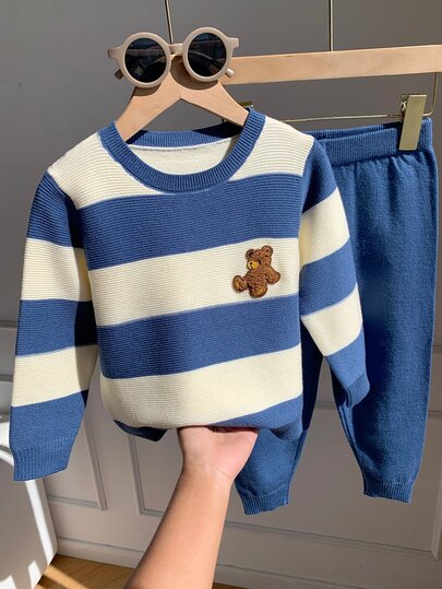 SHEIN 2pcs/Set Young Boys Casual Cute Bear Daily Style Drop Shoulder Loose Striped Crew Neck Sweater Top And Knit Cuffed Long Pants Set, Thick For Autumn/Winter Outings, College Style