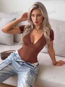 SuitURBody 1件歐美風新款性感辣妹深V領短袖緊身連體衣丁字褲 - 棕色 - 查看 5