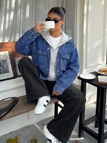 SHEIN 青少年女孩藍色丹寧與灰色針織連帽二合一寬鬆長袖夾克，搭配白色襯衫 - 藍色 - 查看 2