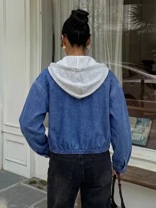 SHEIN 青少年女孩藍色丹寧與灰色針織連帽二合一寬鬆長袖夾克，搭配白色襯衫 - 藍色 - 查看 6