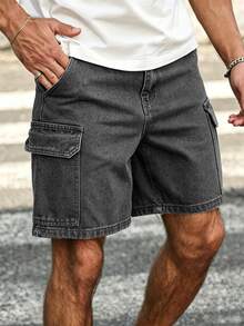 Manfinity Homme 男士工裝口袋寬鬆休閒百搭牛仔短褲 - 深灰色 - 查看 4