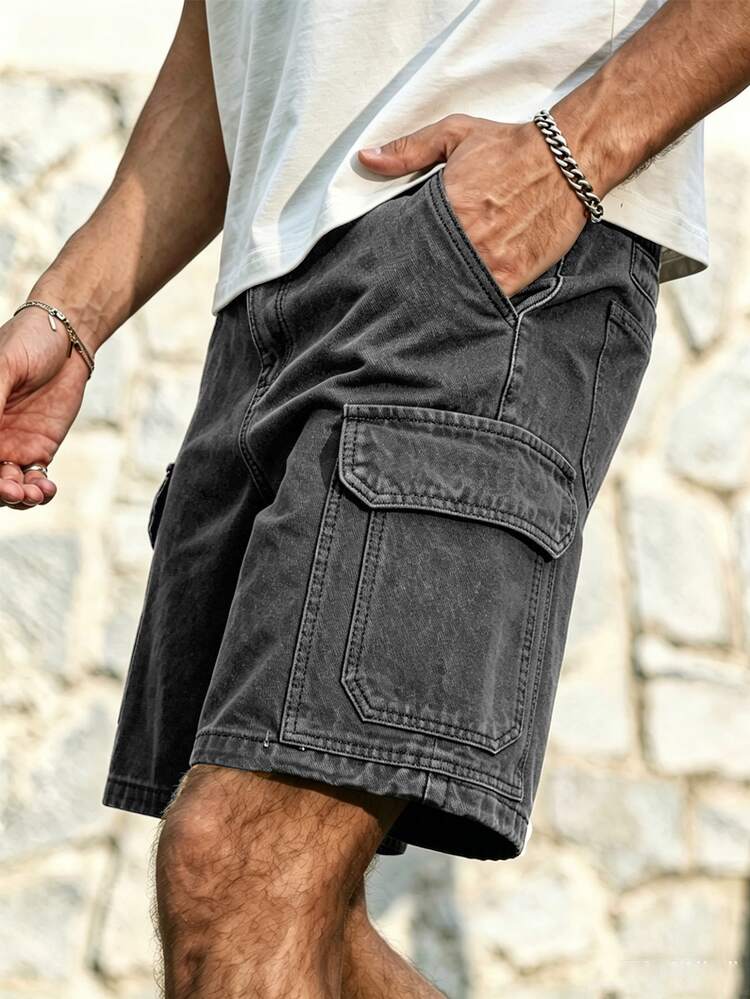 Manfinity Homme شورتات جينز رجالية فضفاضة كاجوال متعددة الاستخدامات مع جيوب كارجو - رمادي غامق - مشاهدة 5