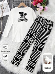 SHEIN Tween女孩秋季休閒修身下擺上衣與熊圖案內搭褲套裝，黑白針織長袖，運動風 - 白色 - 查看 4