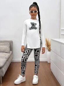 SHEIN Tween女孩秋季休閒修身下擺上衣與熊圖案內搭褲套裝，黑白針織長袖，運動風 - 白色 - 查看 3