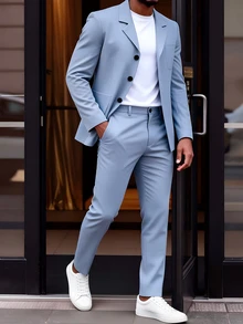 Manfinity Mode Men's Solid Color Casual Blazer & Pants Suit Set, Formal, Old Money - Blue - View 5