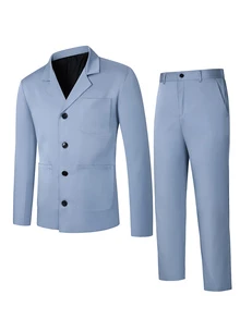 Manfinity Mode Men's Solid Color Casual Blazer & Pants Suit Set, Formal, Old Money - Blue - View 4